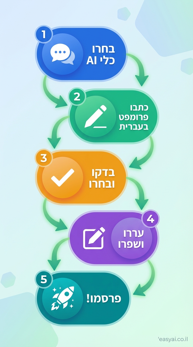 step-by-step vertical flowchart in 9:16 phone-screen format, clean modern infographic style like Kurzgesagt with rounded shapes and subtle gradients. 5 large numbered circles stacked vertically, connected by curved green arrows pointing downward. Step 1 top circle blue: "בחרו כלי AI" with chat icon and Hebrew text. Step 2 green: "כתבו פרומפט בעברית" with pencil icon. Step 3 orange: "בדקו ובחרו" with checkmark icon. Step 4 purple: "עררו ושפרו" with edit icon. Step 5 teal bottom: "פרסמו!" with rocket icon. Light blue-to-green background gradient, friendly color palette: blues, greens, oranges. Small credit text: easyai.co.il in bottom-right corner