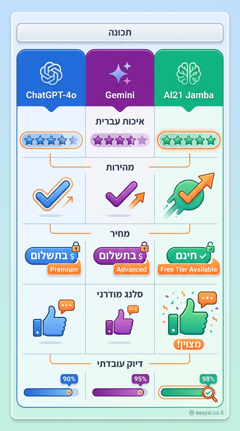 comparison table infographic vertical 9:16 format, modern clean design with Vox-style icons. 3 columns side-by-side: left blue "ChatGPT-4o", middle purple "Gemini", right green "AI21 Jamba". 5 rows with Hebrew labels: top header row "תכונה". Rows: "איכות עברית" (5 stars blue/purple/green), "מהירות" (checkmark icons), "מחיר" (חינם/בתשלום labels), "סלנג מודרני" (thumbs up/down), "דיוק עובדתי" (bar graphs). Orange accents for highlights. Light gradient background blues-greens. Credit: easyai.co.il bottom-right