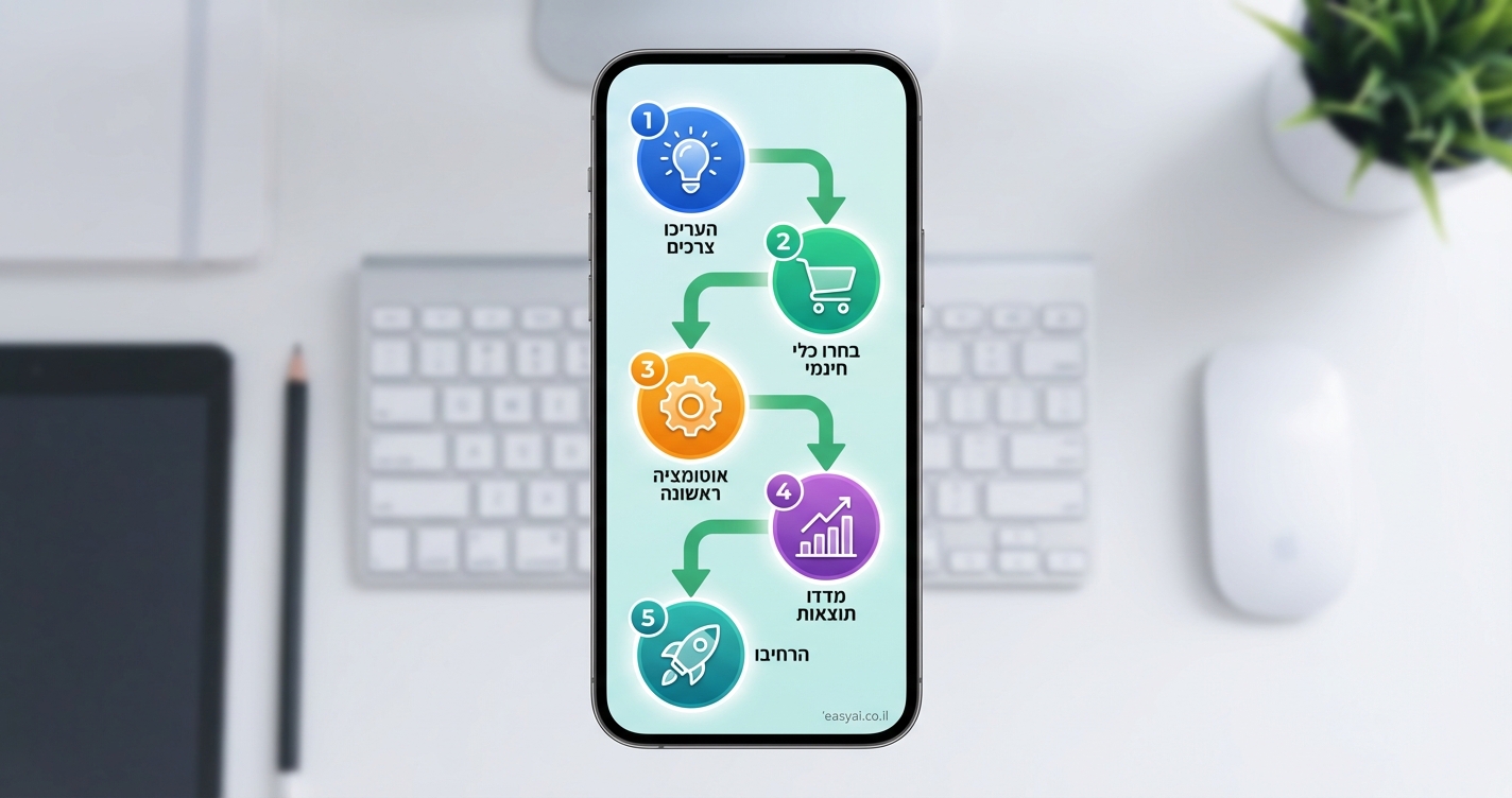 step-by-step vertical flowchart in 9:16 phone format, clean modern infographic style like Kurzgesagt with rounded shapes and icons. 5 numbered circles connected by green arrows flowing downward. Step 1 top blue circle icon of lightbulb: "העריכו צרכים" Hebrew label. Step 2 green circle shopping cart icon: "בחרו כלי חינמי". Step 3 orange circle gear icon: "אוטומציה ראשונה". Step 4 purple circle chart icon: "מדדו תוצאות". Step 5 teal circle rocket icon: "הרחיבו". Light blue-green gradient background, friendly colors: blues, greens, oranges. Small credit text: easyai.co.il in bottom-right corner