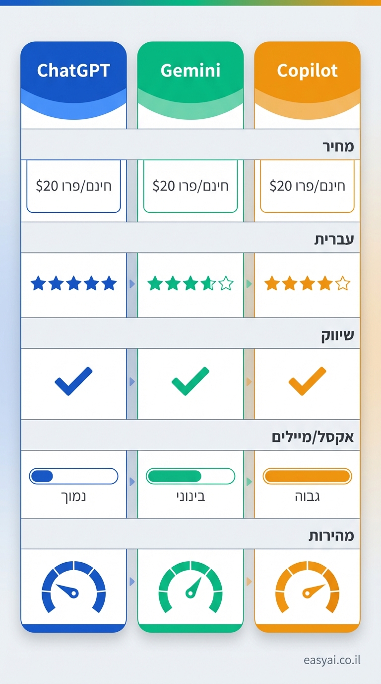 comparison table infographic vertical 9:16 format, 3 columns with colorful headers. Left blue header "ChatGPT", middle green "Gemini", right orange "Copilot". 5 rows with Hebrew labels: "מחיר" (all חינם/פרו $20), "עברית" (stars: 5/4/4), "שיווק" (checkmark icons), "אקסל/מיילים" (low/med/high bars), "מהירות" (speedometer icons). Clean bars, stars, checkmarks. Blues-greens-oranges palette, modern flat design. Credit: easyai.co.il bottom-right