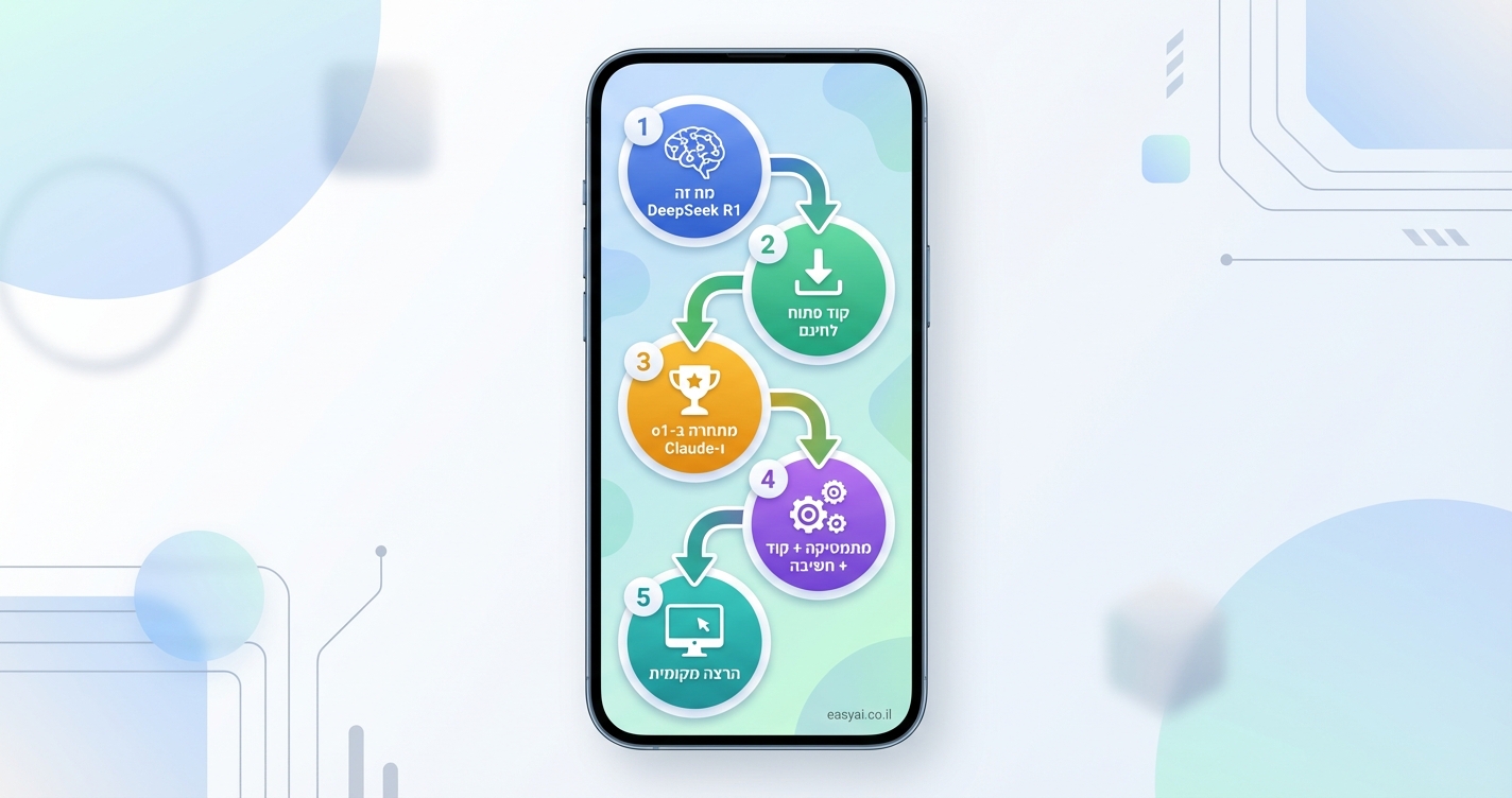 step-by-step vertical flowchart in 9:16 phone format, modern Kurzgesagt-style with clean rounded shapes and light blue-to-green gradient background. 5 large numbered circles from top to bottom connected by curved green arrows pointing down. Step 1 top circle blue: "מה זה DeepSeek R1?" with brain icon. Step 2 green: "קוד פתוח לחינם" with download icon. Step 3 orange: "מתחרה ב-o1 ו-Claude" with trophy icon. Step 4 purple: "מתמטיקה + קוד + חשיבה" with gears icon. Step 5 teal bottom: "הרצה מקומית" with computer icon. Hebrew labels only. Small credit text: easyai.co.il in bottom-right corner.