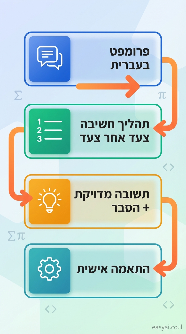 workflow illustration vertical 9:16, modern infographic with orange flow arrows left-to-right across 4 tall boxes. Box 1 blue: "פרומפט בעברית" icon chat bubble. Arrow to Box 2 green: "תהליך חשיבה צעד אחר צעד" numbered list icon. Arrow to Box 3 orange: "תשובה מדויקת + הסבר" lightbulb. Arrow to Box 4 teal: "התאמה אישית" gear. Hebrew labels, icons for math/code. Gradient bg blue-green. Credit: easyai.co.il bottom-right.