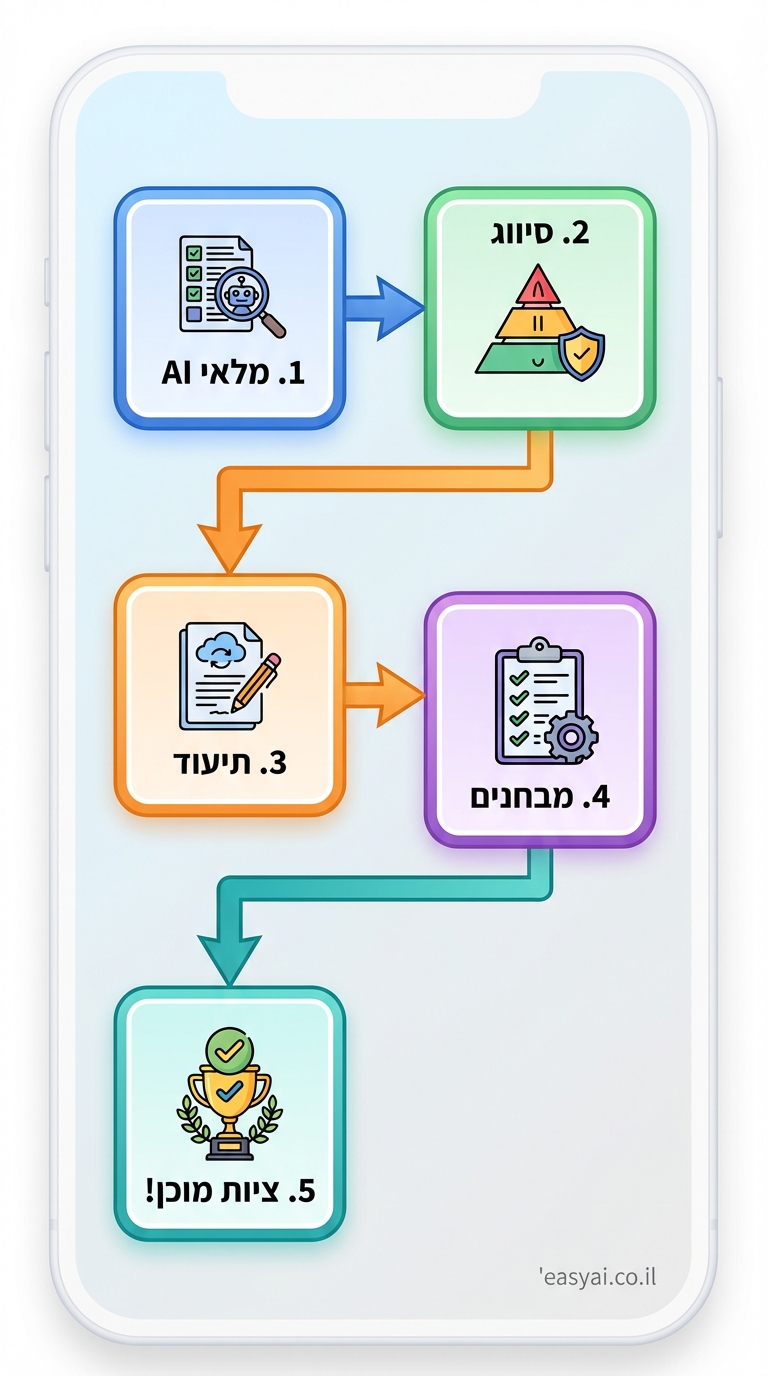 workflow illustration vertical 9:16, step-by-step diagram with 5 connected rounded rectangles flowing left-to-right then down. Start: "1. מלאי AI" (blue, inventory list icon). Arrow right to "2. סיווג" (green, pyramid risk levels). Down arrow to "3. תיעוד" (orange, document icon). Arrow to "4. מבחנים" (purple, checklist). End: "5. ציות מוכן!" (teal trophy). Hebrew labels everywhere, icons, blue/green/orange colors, light gradient bg, modern clean lines. Credit: easyai.co.il bottom-right.